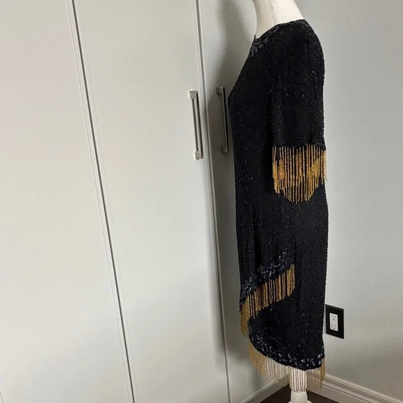 Vintage Silk Lori Ann Elegant Black and Gold Sequin Fringe Dress - Picture 5 of 14